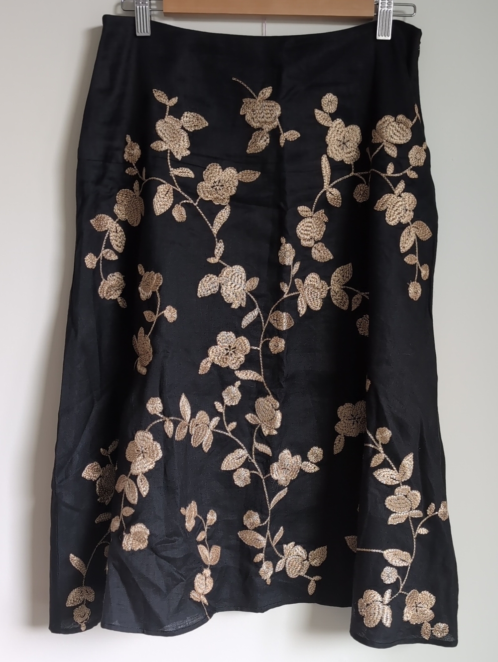 Anne Carson Black A-Line Skirt with Gold Floral Embroidery
